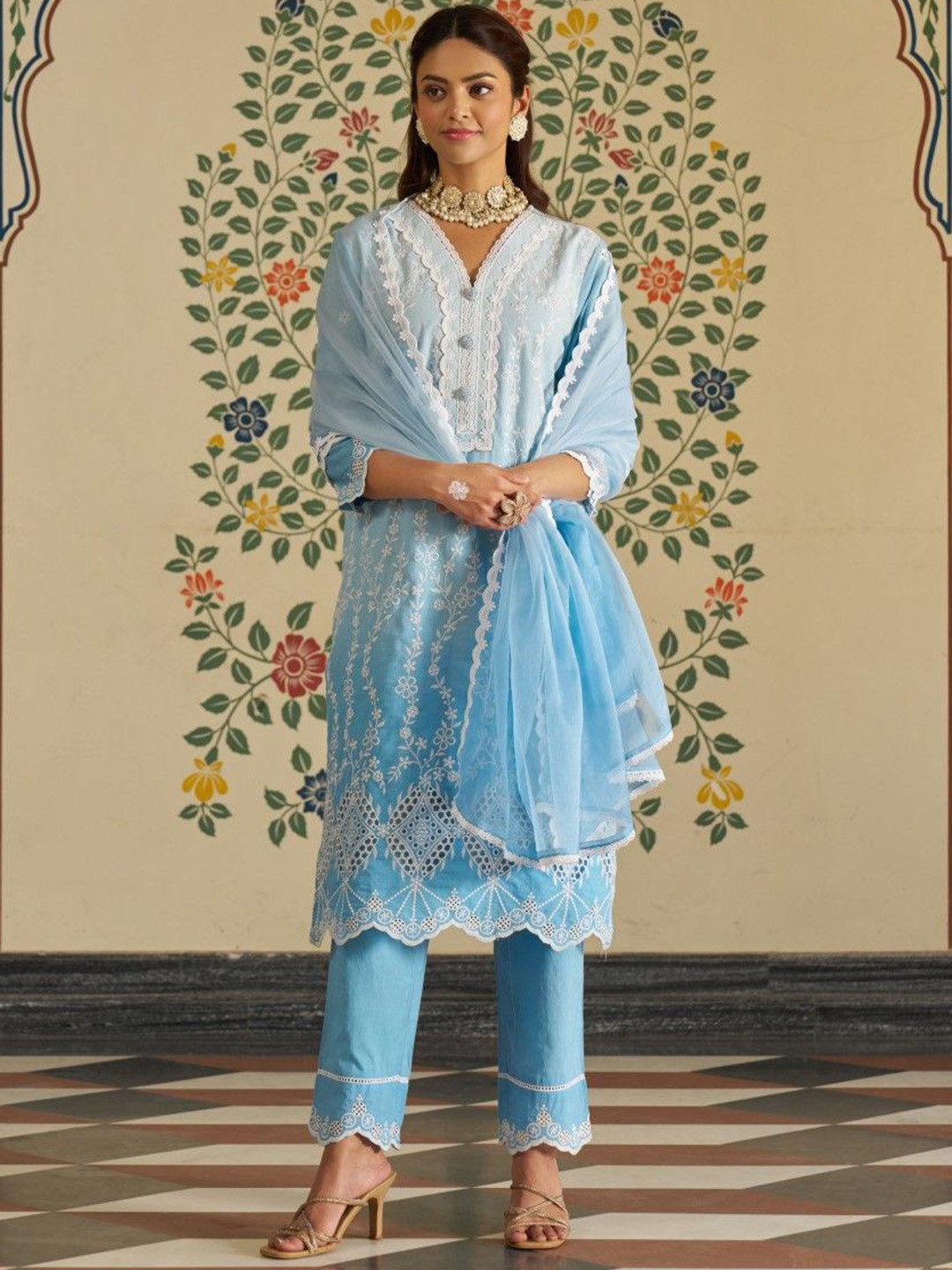 AUTUMN LANE Anumeha Floral Embroidered Pure Cotton Straight Kurta With Trouser & Dupatta