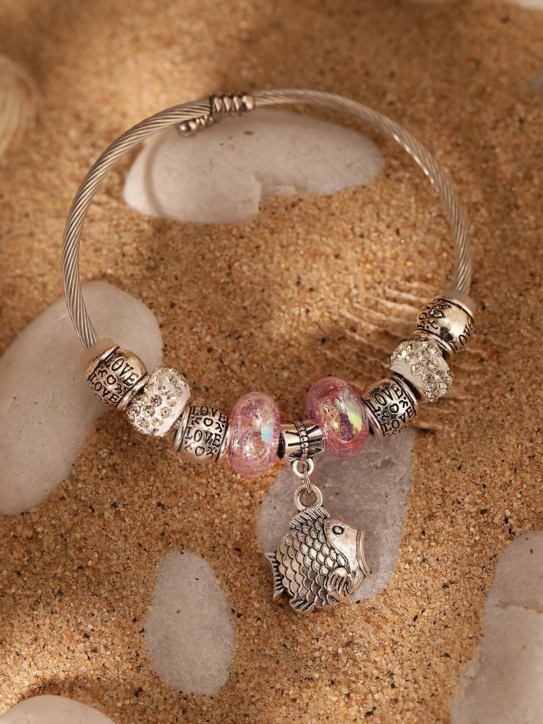 Priyaasi Women Stone Studded & Beaded Fish Flora-Fauna Cuff Bracelet