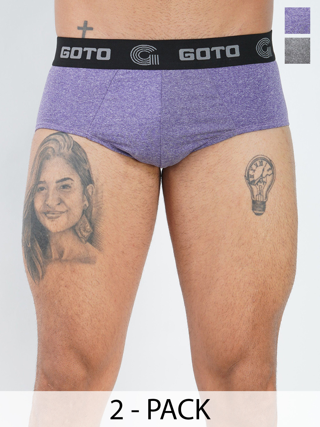 GOTO Men Pack Of 2 Mid-Rise Basic Briefs Mel lycra outer elastic RBLUE DGREY 2Ps