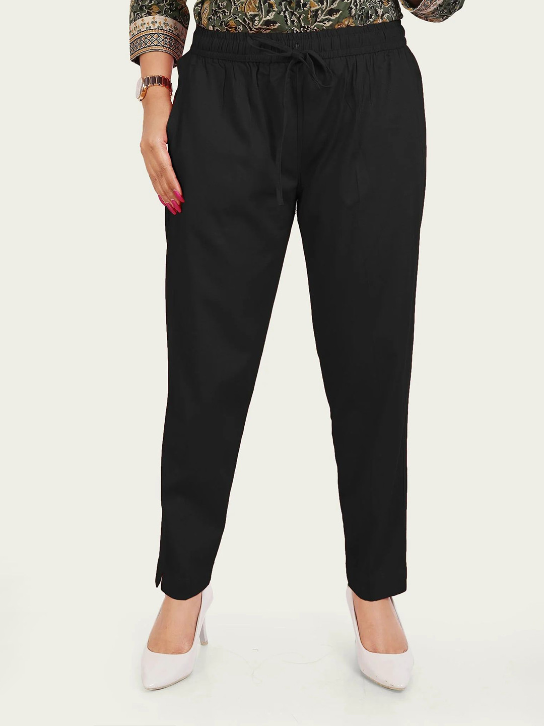 COTTON CULTURE Women Solid Black Regular Fit Mid-Rise Trousers