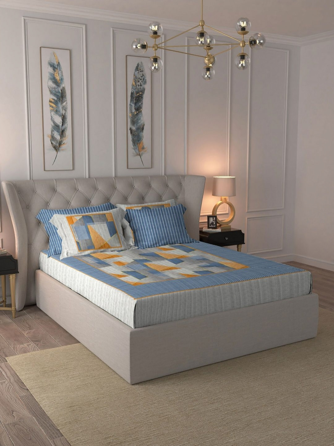 MYTRIDENT Indulgence Painterly Patterns Grey Abstract Pure Cotton 300 TC King Bedsheet with 4 Pillow Covers-274 x 274 cm