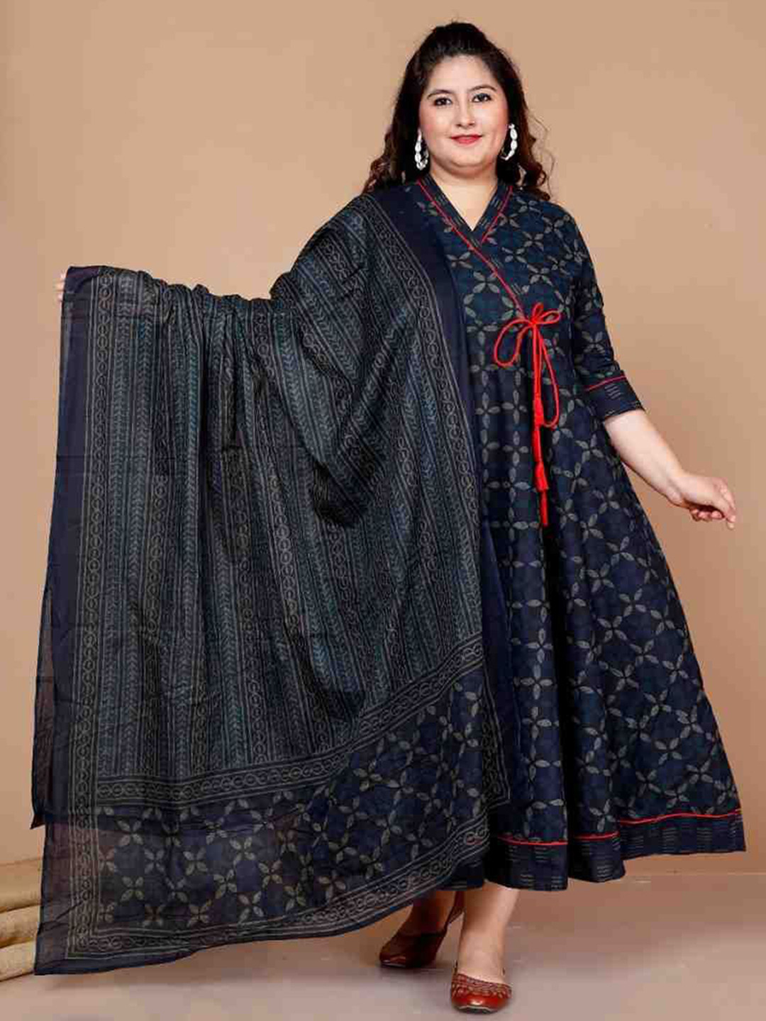 Doriyaan Plus Size Geometric Printed V-Neck Cotton Anarkali Ethnic Dress With Dupatta