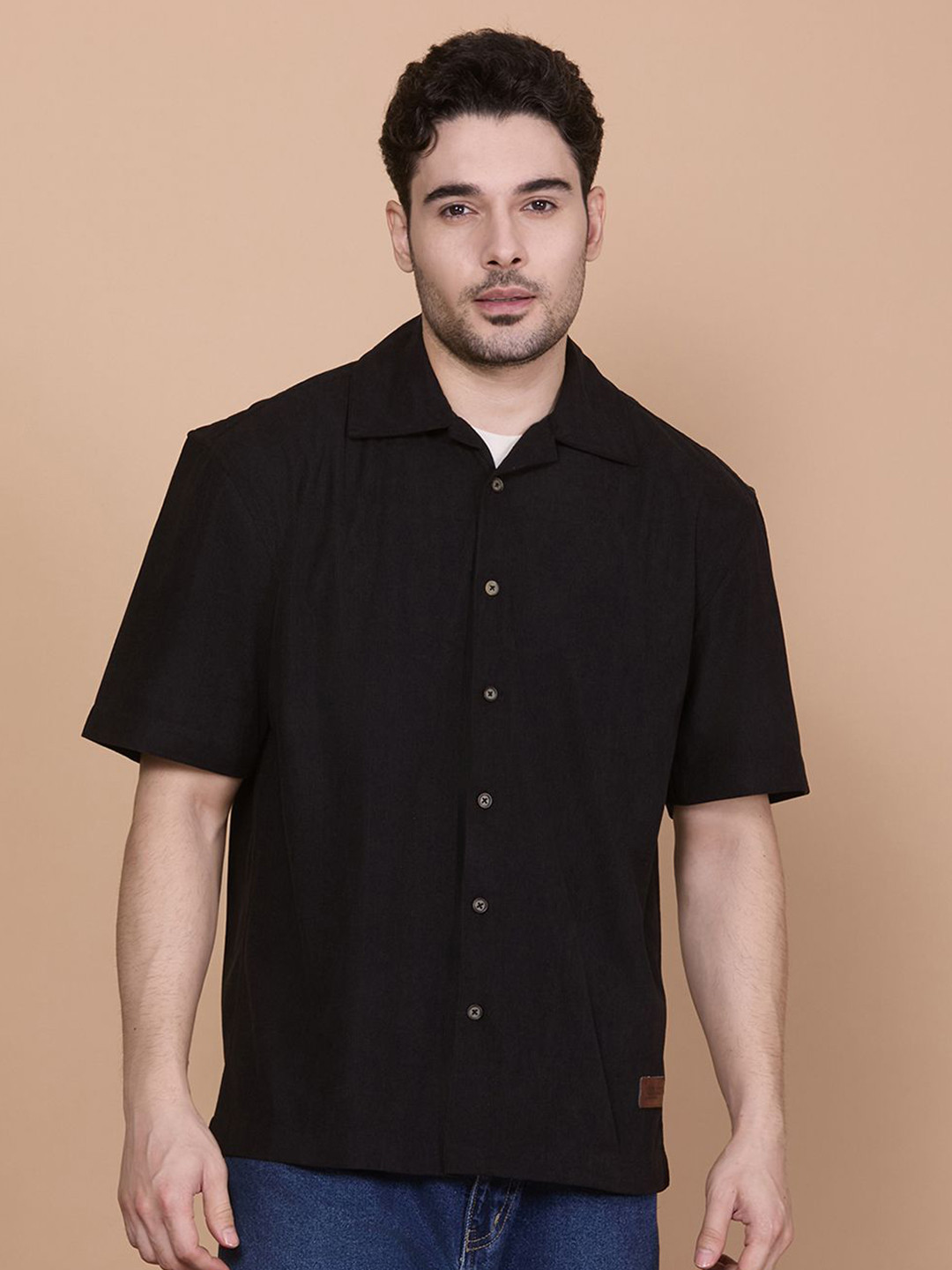 HangerLoop Men Regular Fit Textured Cuban Collar Casual Shirt