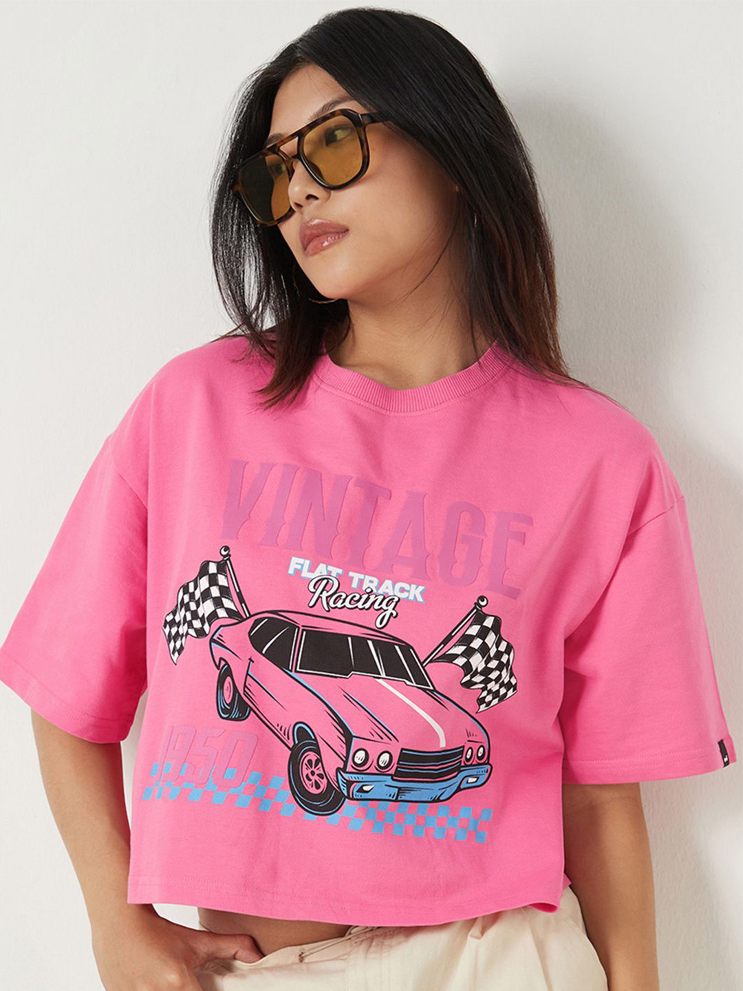 Bewakoof Heavy Duty Vintage racing Graphic Printed Cotton Boxy Crop Top