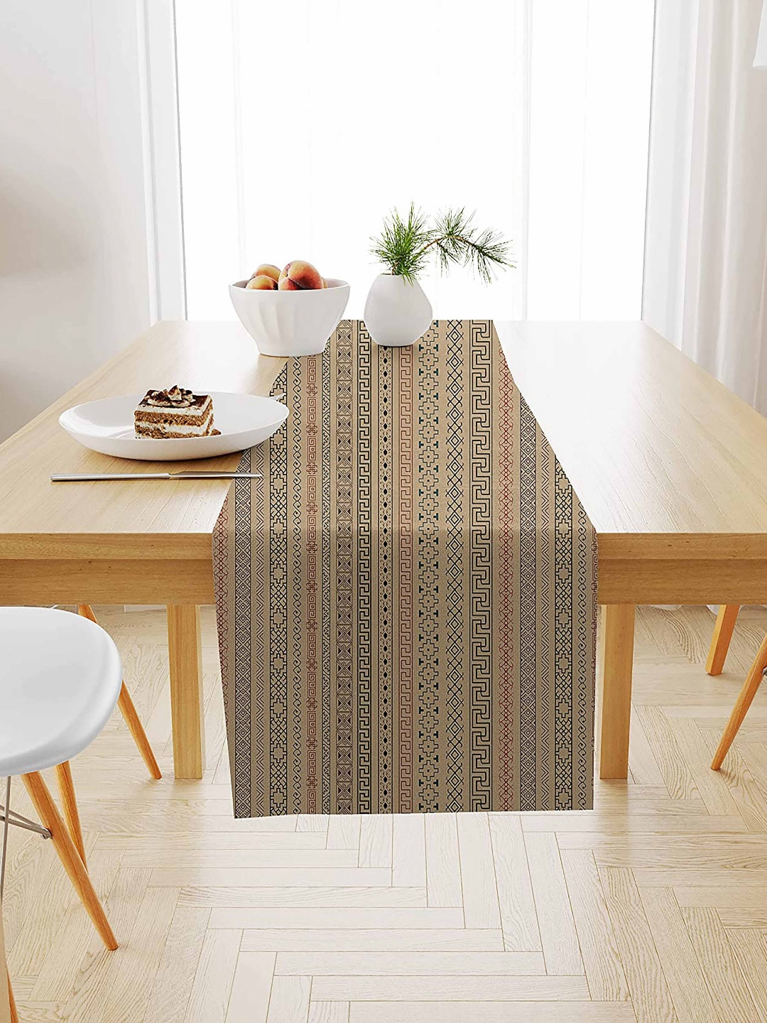 STITCHNEST Brown Cotton Canvas Printed Table Runner