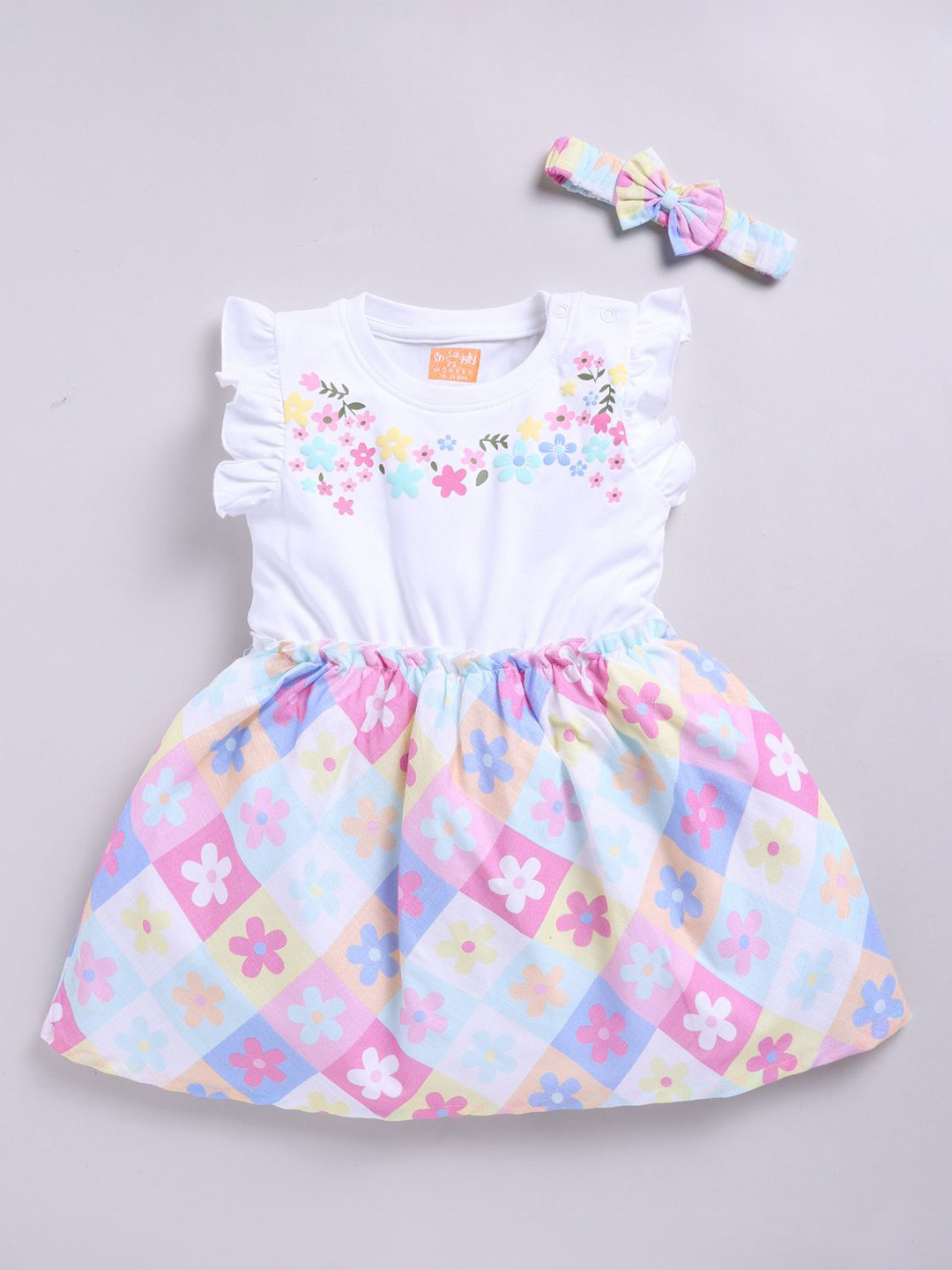 SNUGGLY MONKEY Girl's Floral Printed Flutter Sleeve Cotton Fit & Flare Knee Length Dress