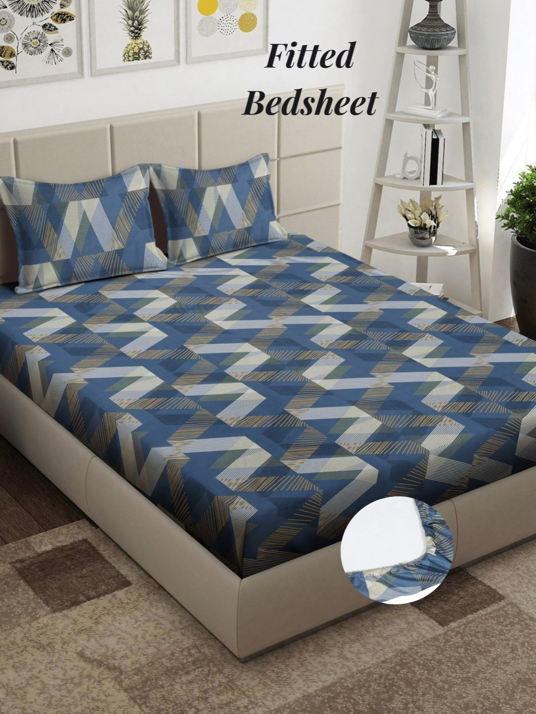 Arrabi Blue Geometric Cotton 300 TC Fitted King Fine Bedsheet with 2 Pillow Covers-100 x 125 inches