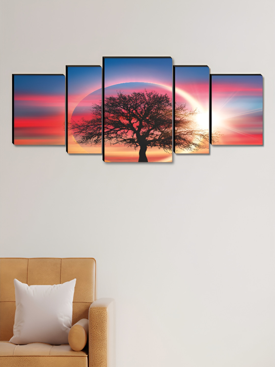 SAF Tree & Sun Wood 5 Piece Wall Rectangle Paintings Wall Art