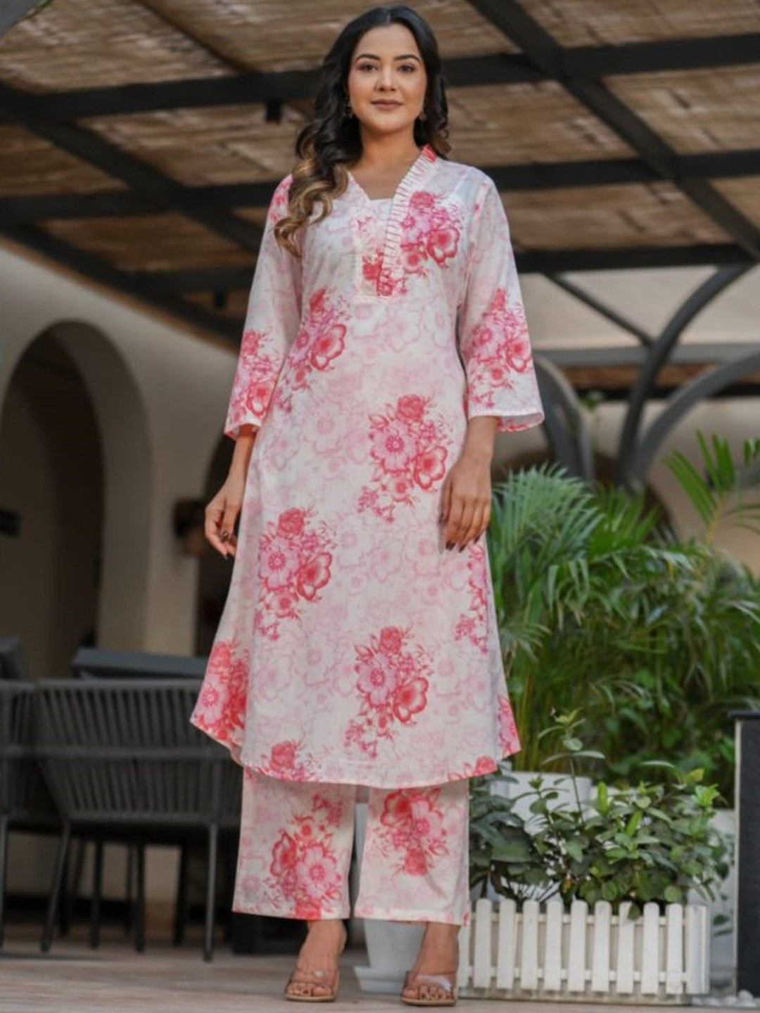AUTUMN LANE Vanya Rose Floral Printed V-Neck Pure Cotton A-Line Kurta With Palazzo