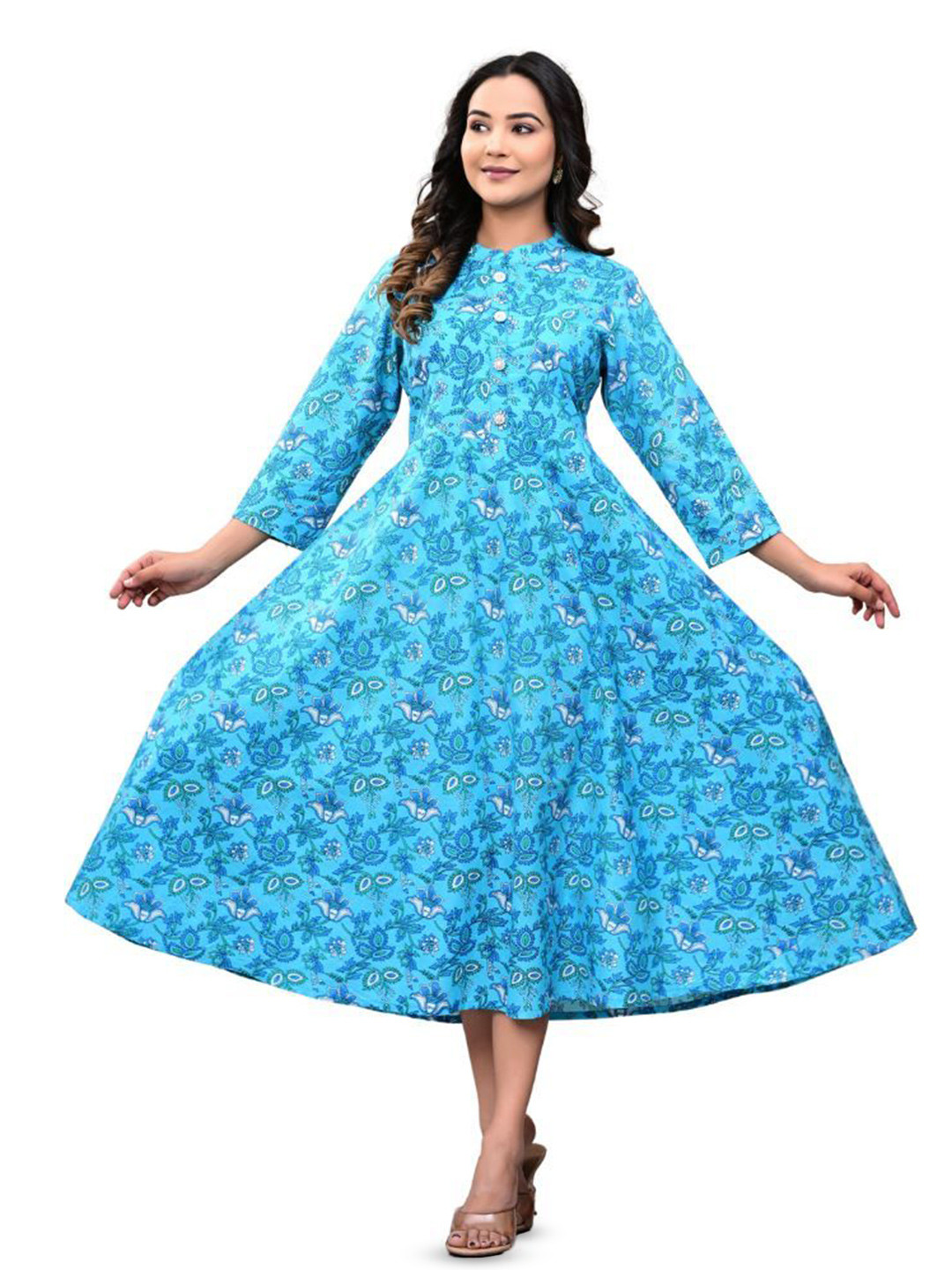 Arudhi Floral Printed Mandarin Collar Cotton A-Line Ethnic Dress