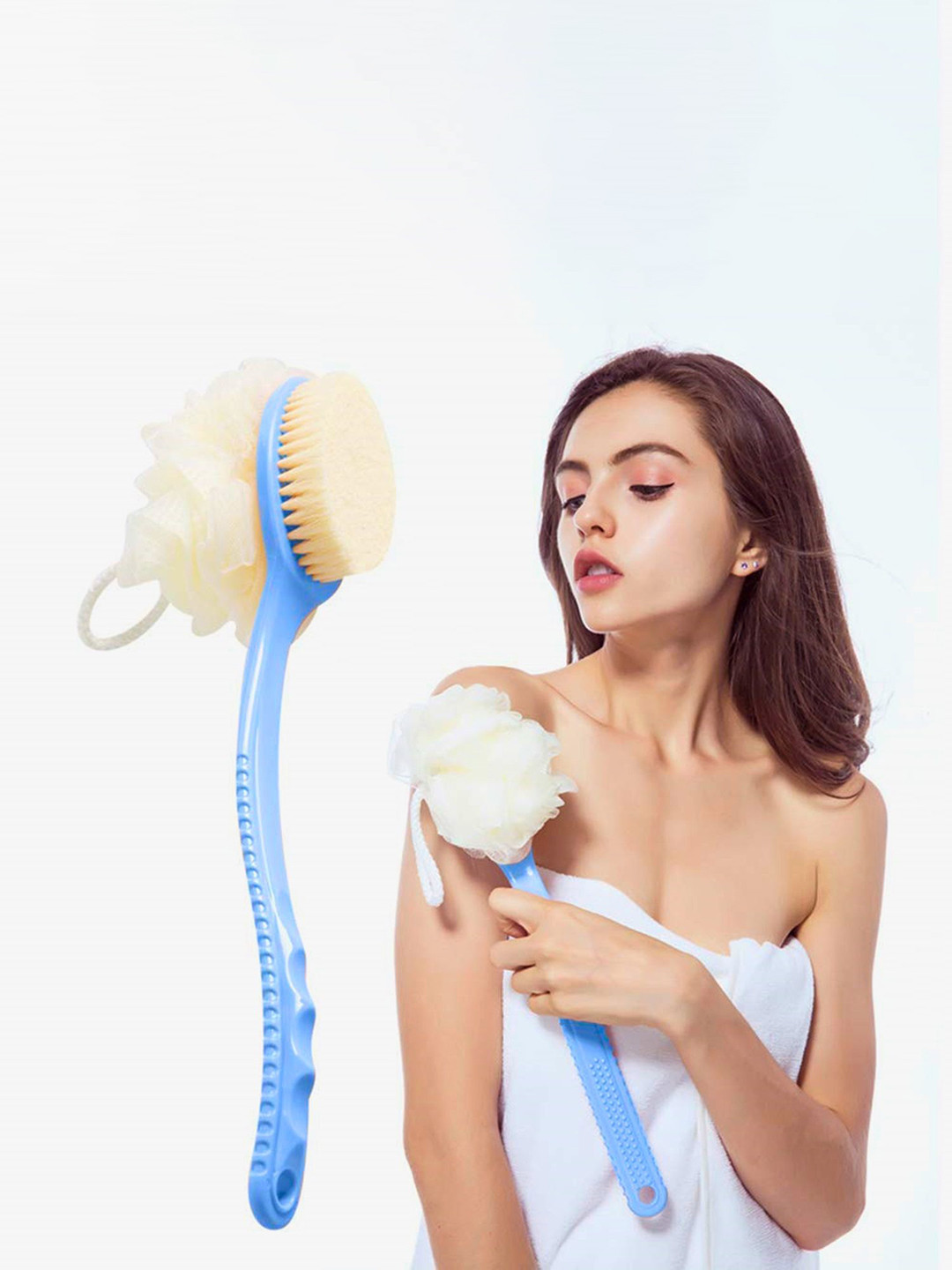 BeeDuck 2 In 1 Back Body Bath Brush With Bristles And Loofah Sponges For Exfoliating