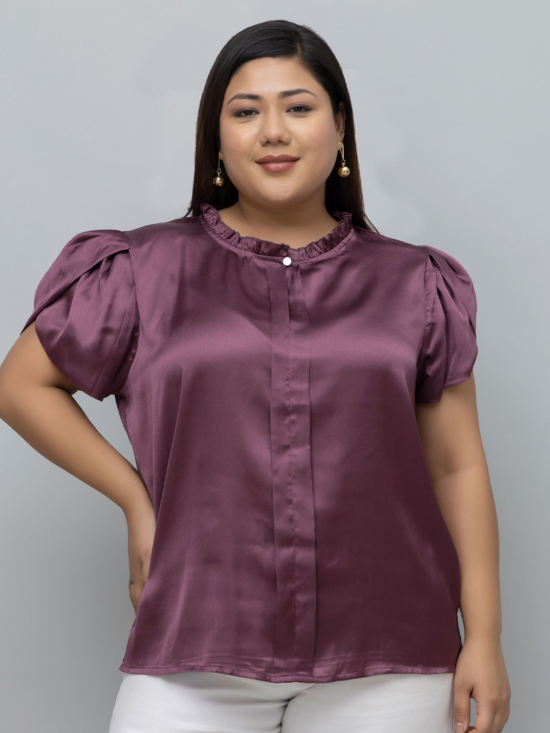PURYS PLUS Women Mandarin Collar Puff Sleeve Satin Plus Size Top