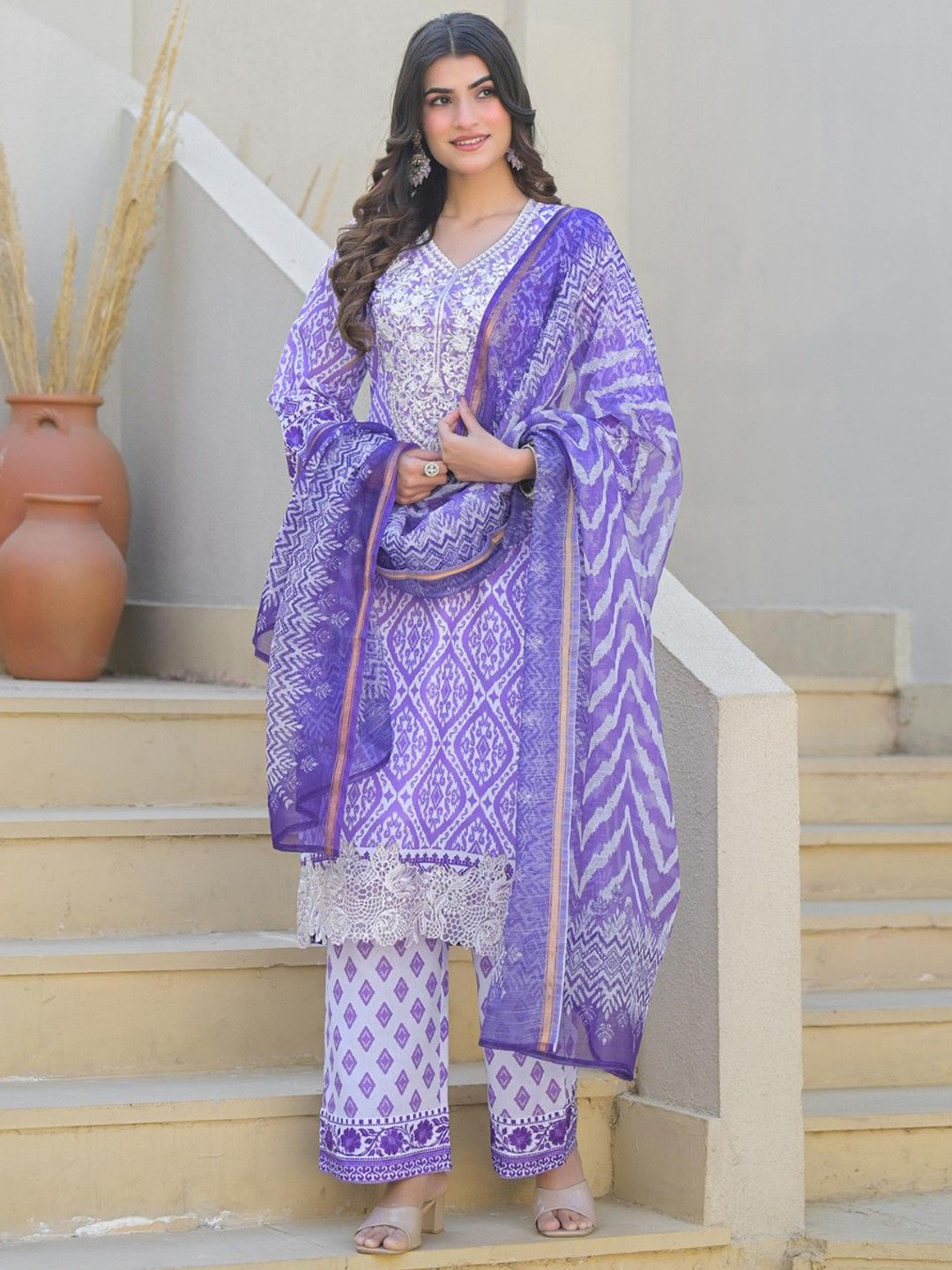 AUTUMN LANE Tridhara Iris Geometric Printed Pure Cotton Kurta with Palazzo & Dupatta