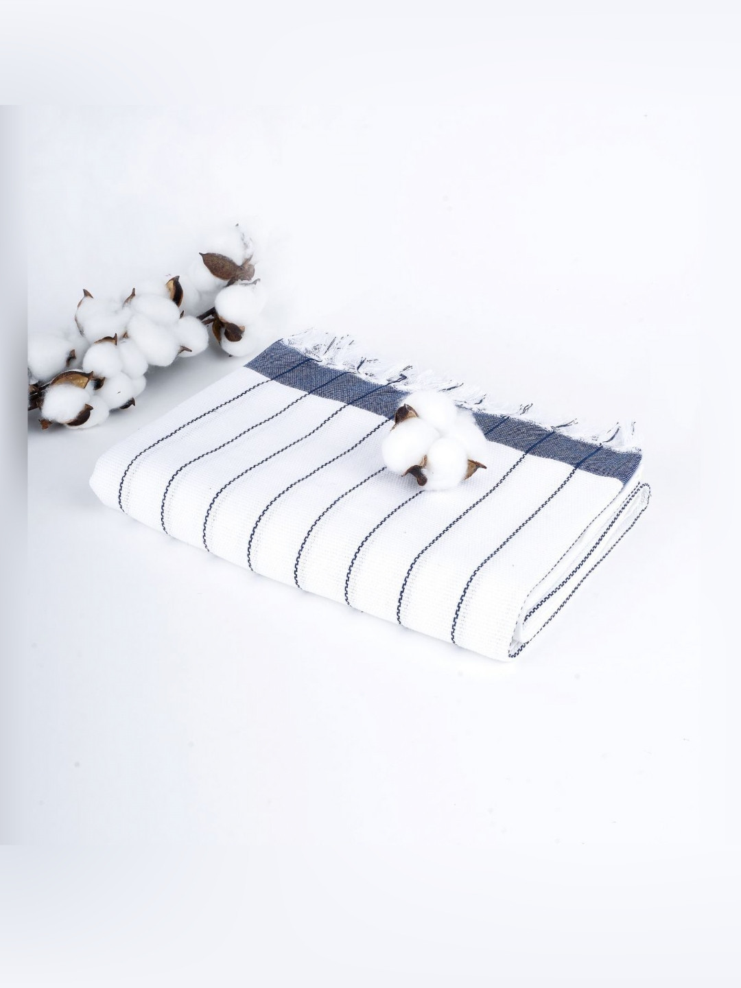 The Bath Community White & Navy Blue Striped 150GSM Set of 1 Anti-Bacterial Cotton Bath Towel