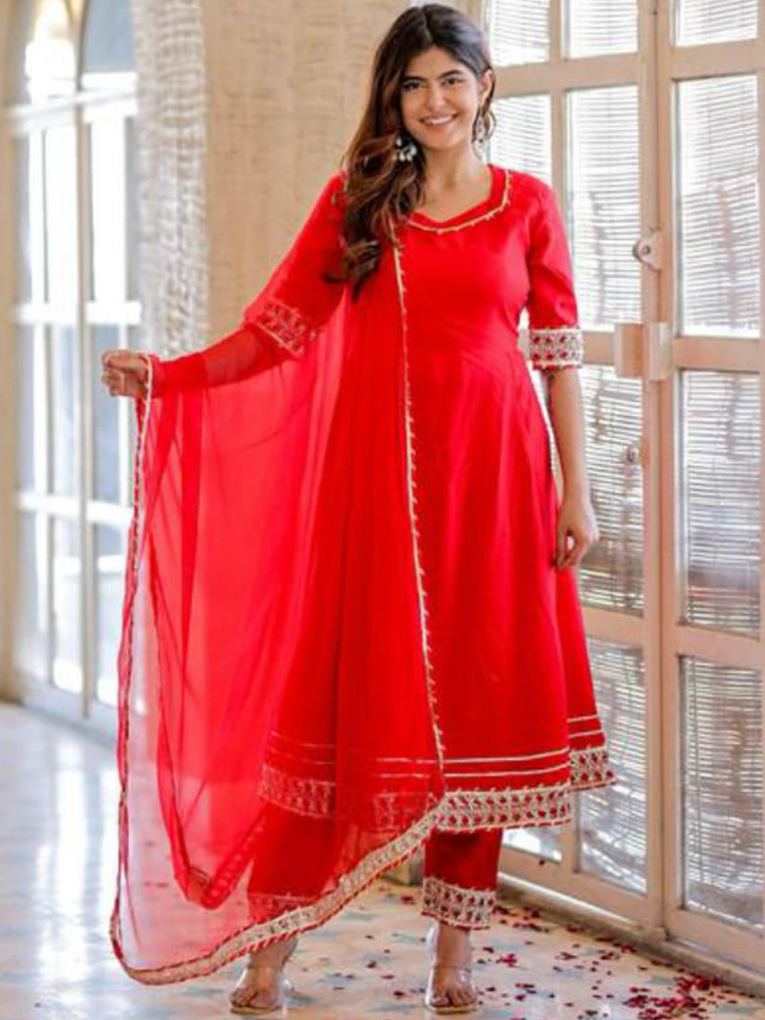 HEBA Sweetheart Neck Empire Gotta Patti Anarkali Kurta With Trousers & Dupatta