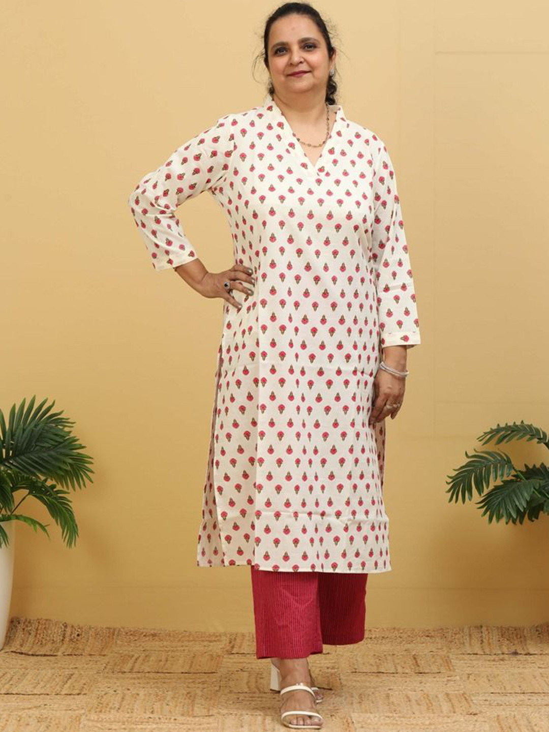 Amaya Floral Printed V-Neck Pure Cotton Straight Kurta With Trousers