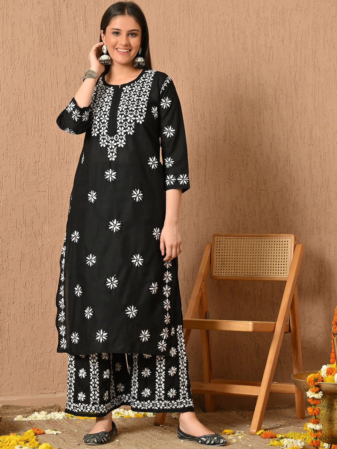 Syrish Floral Embroidered Chikankari Pure Cotton Straight Kurta With Palazzos