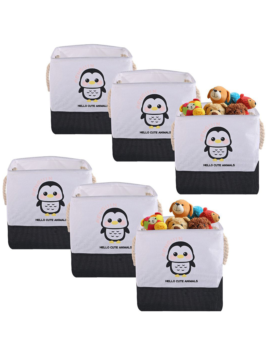 Kuber Industries Black & Grey 6 Pieces Printed Storage Baskets With Handles