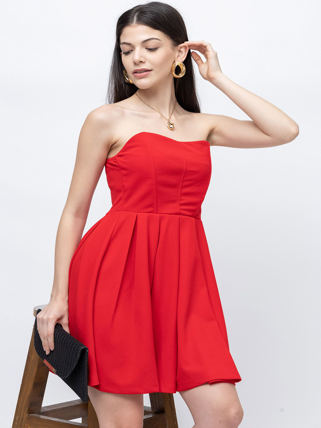 7OUNCE Women Red Solid Strapless Fit & Flare Party Dress