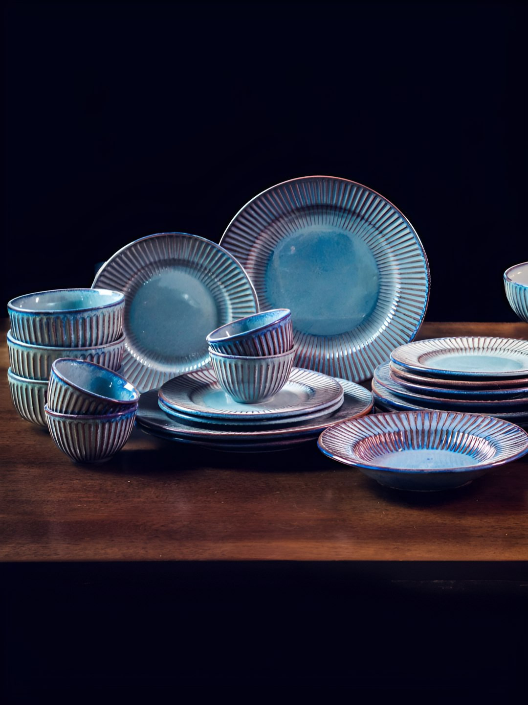 AMALAFIEE CERAMICS Aadhira Blue Geometric Ceramic Microwave Safe 12 Piece Dinner Set