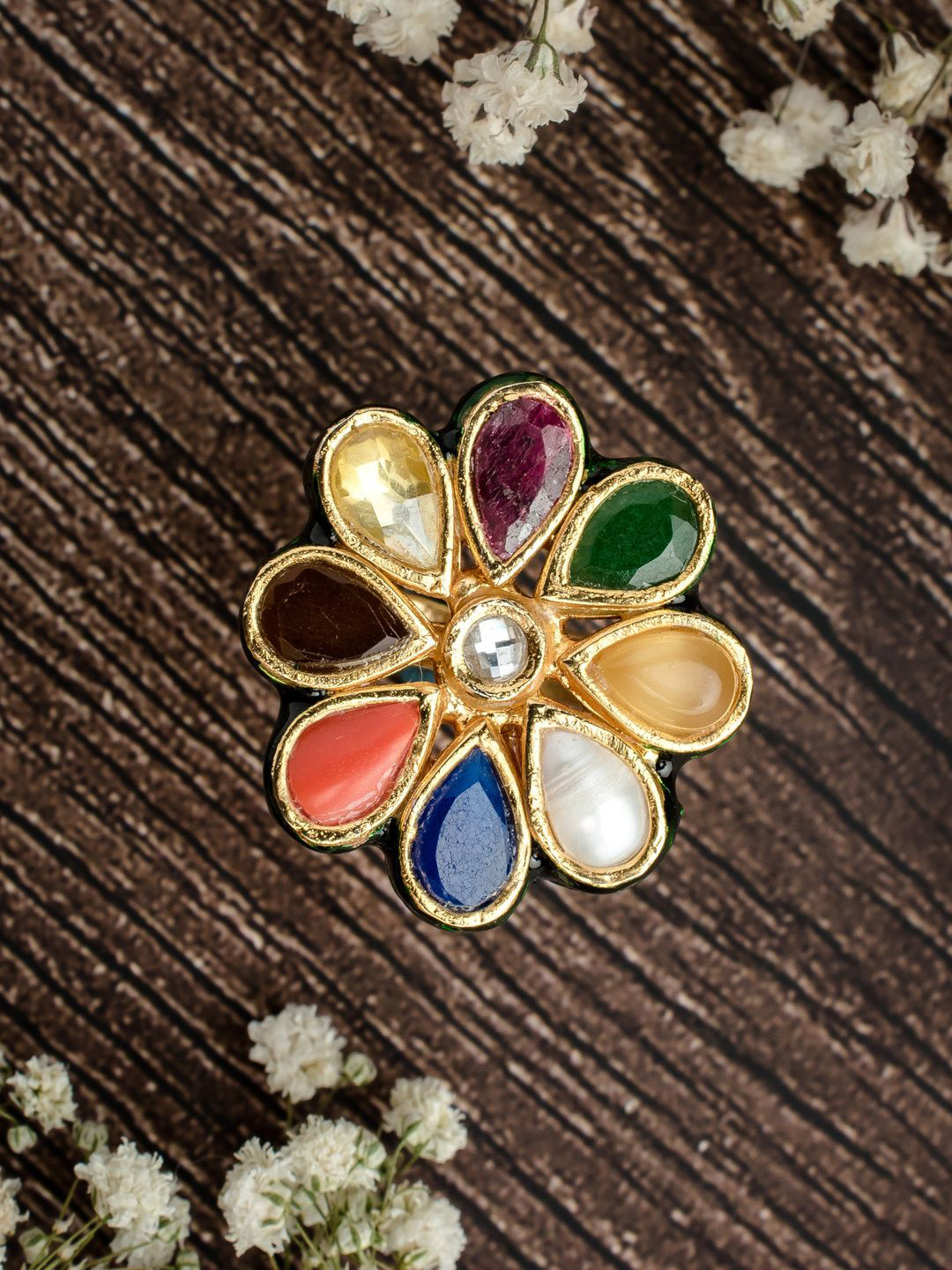 vivinia BY VIDHI MEHRA Womens Saadgi Gold Plated Multicolored Kundan Polki Ring