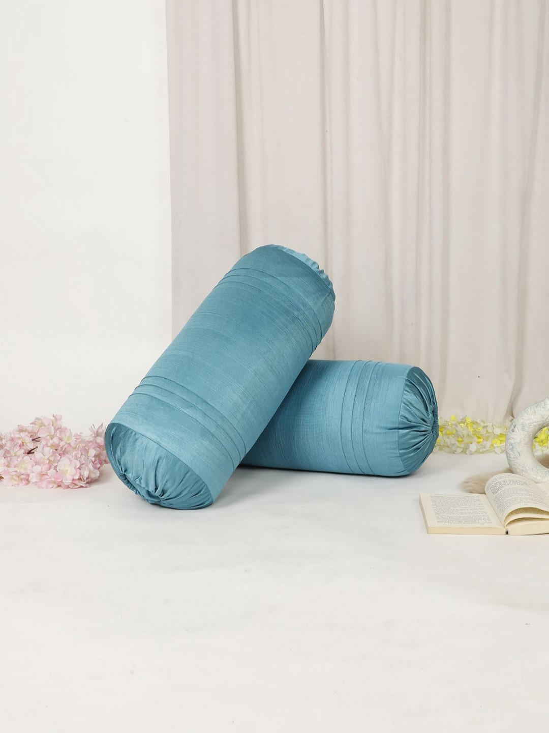 THE CONVERSION Turquoise Blue 2 Pieces Self Design Bolster Covers