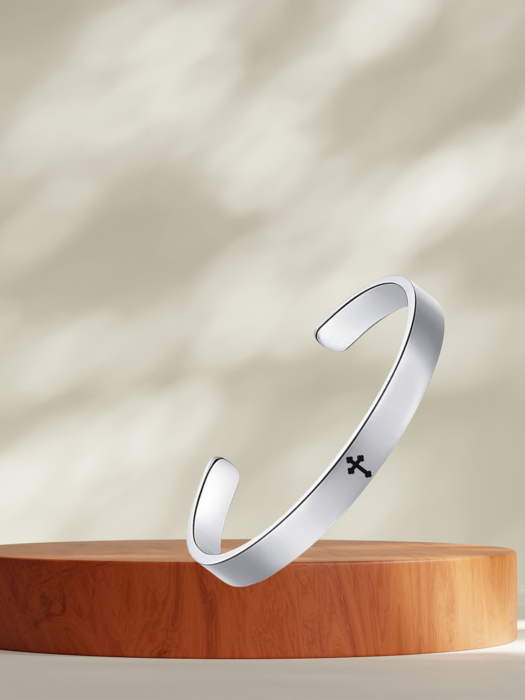 M Men Style Men Stainless Steel Silver-Plated Cross Design Christian Kada Bracelet