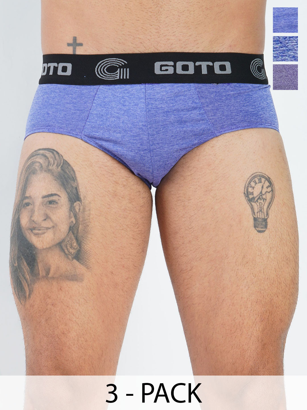 GOTO Men Pack Of 3 Low-Rise Basic Briefs Lycra outer elastic AIR PURPLE BLUE 3Ps