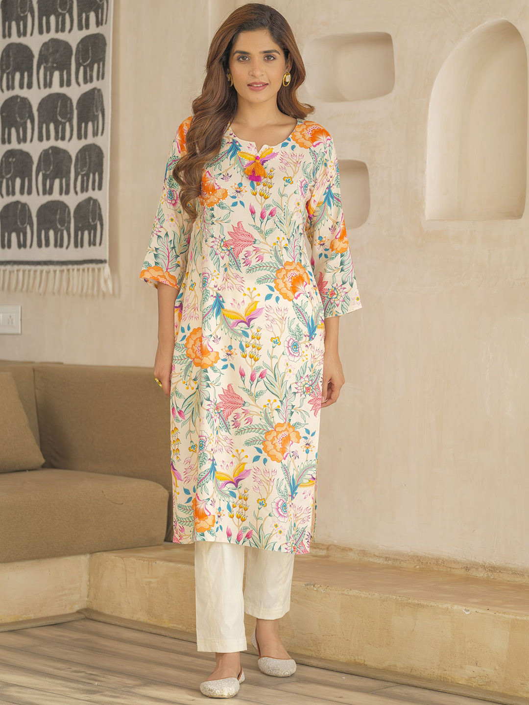 AUTUMN LANE Tashvika Salmon Floral Printed Straight Kurta With Trouser