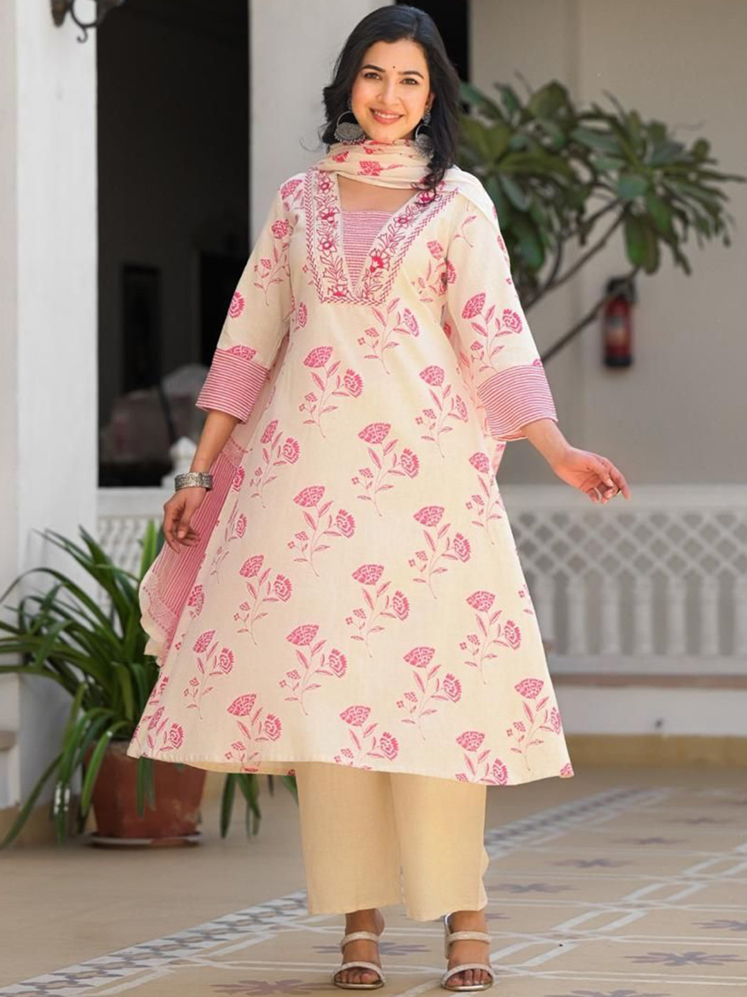 AUTUMN LANE Bhakti Rose Floral Printed Square Neck Pure Cotton Kurta & Palazzos & Dupatta