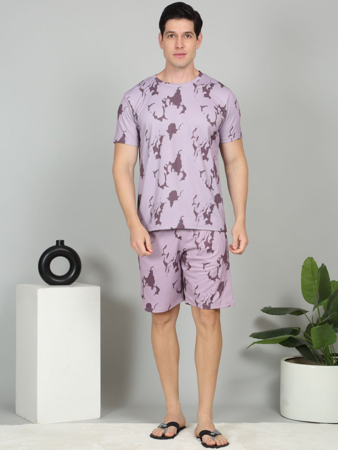 Sweet Dream Men Abstract Printed T-shirt Shorts Round Neck Night Suits