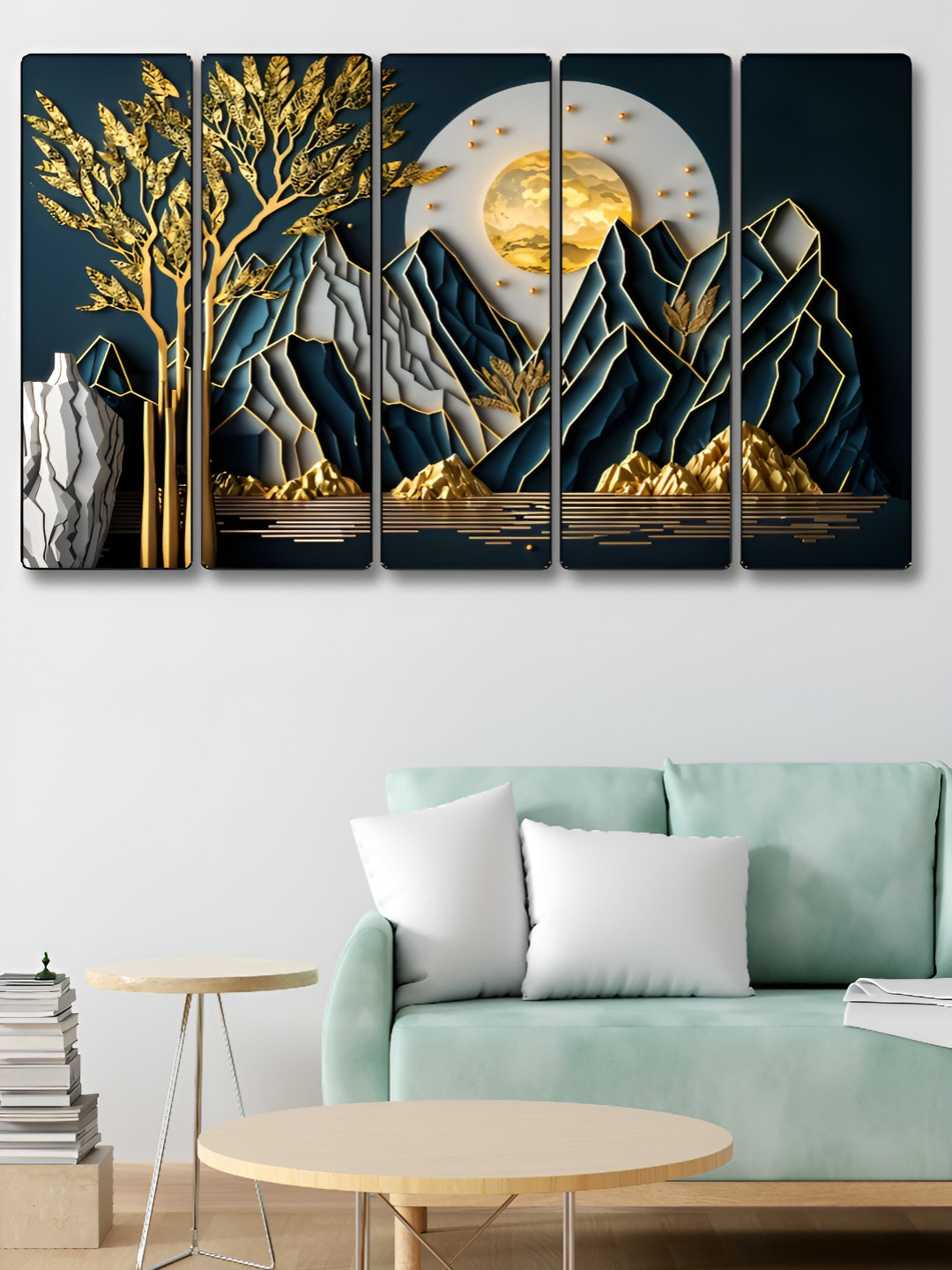 Aura Mountain & Sun Wood 5 Piece Wall Rectangle Paintings Wall Art - 30 x 10 In