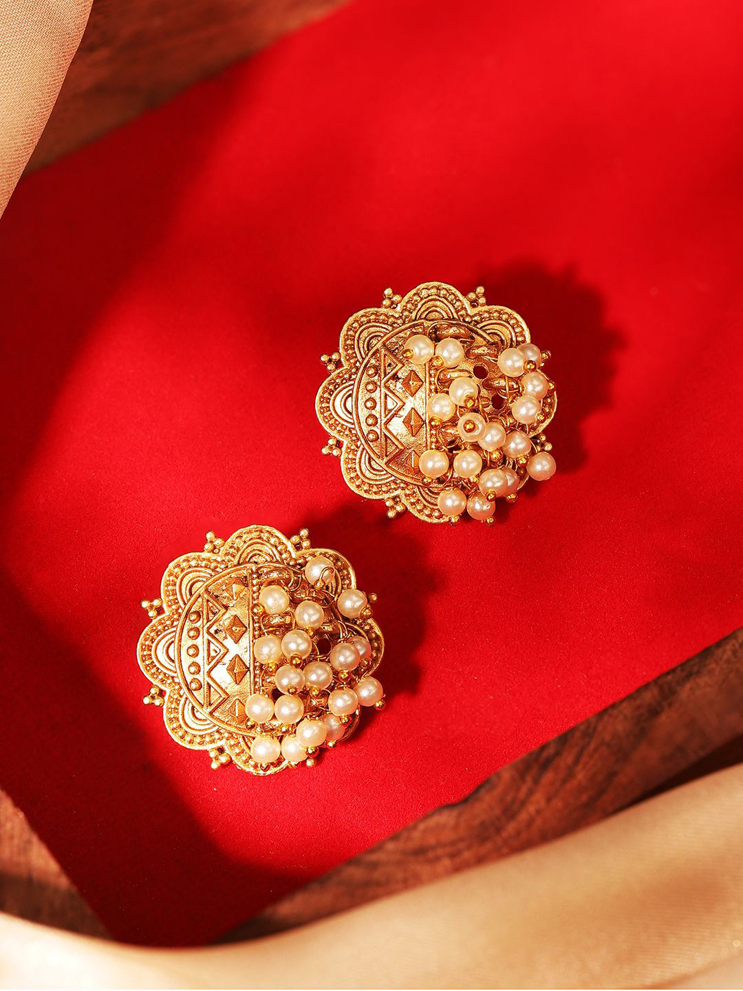 Priyaasi Gold Plated Artificial Stones and Beads Floral Shaped Temple Studs Earrings