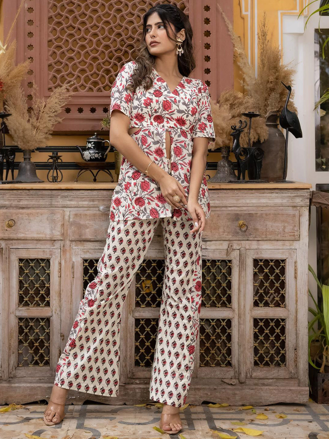 DEASHA INDIA Ketri Floral Printed V-Neck Pure Cotton Tunic With Trousers