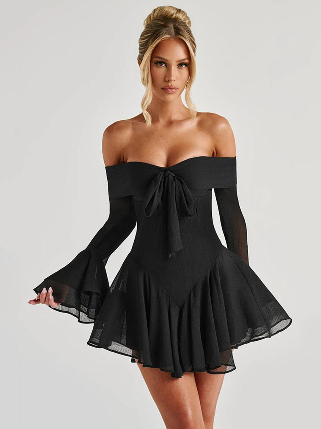 MIAKEE Women Off-Shoulder Bell Sleeve Mini Fit & Flare Dress