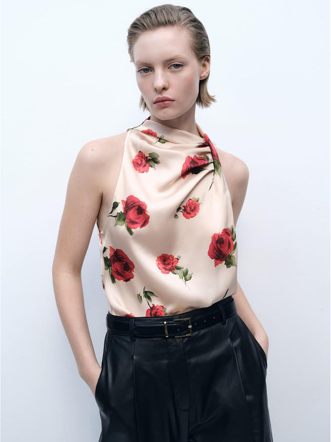MANGO Floral Print Draped Satin-Finish Top