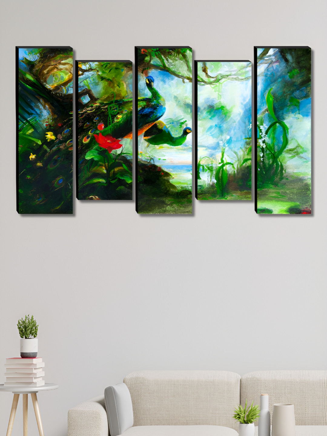 SAF Peacock Art Canvas 5 Piece Wall Rectangle Paintings Wall Art -18 x 30In