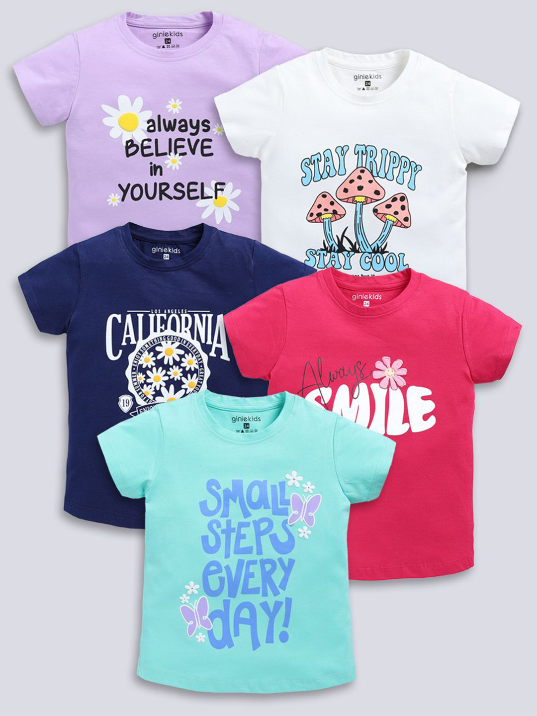 Ginie Girls Pack Of 5 Combo Graphical Print Cotton Top