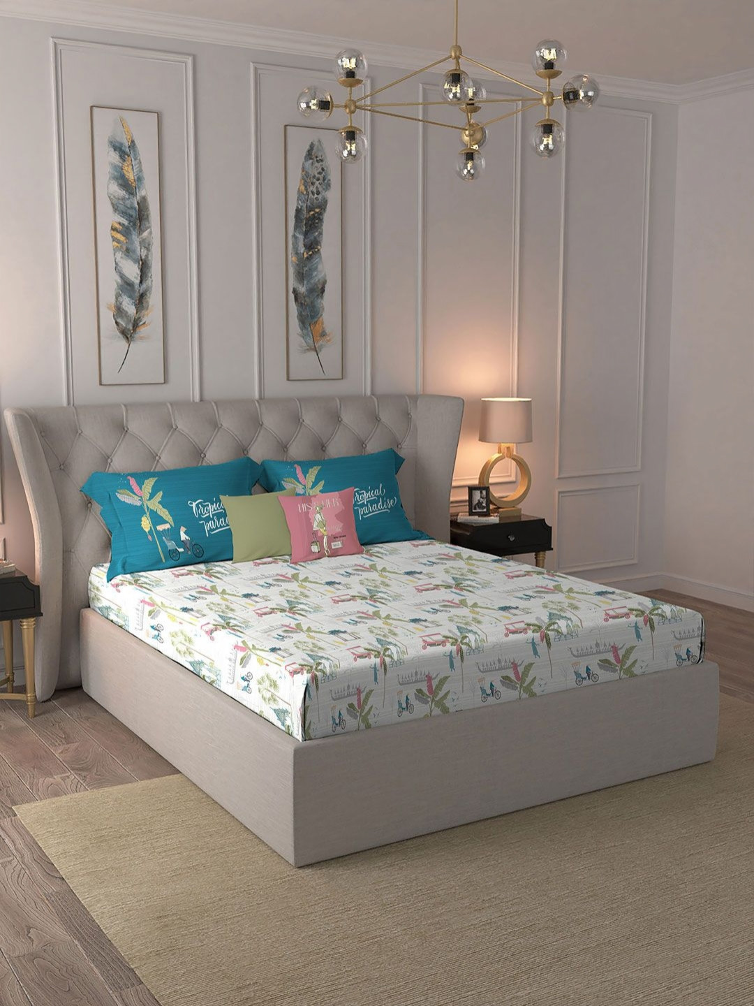 MYTRIDENT His & Her White Leaf Pure Cotton 144 TC King Bedsheet with 2 Pillow Covers-108 x 108 inches