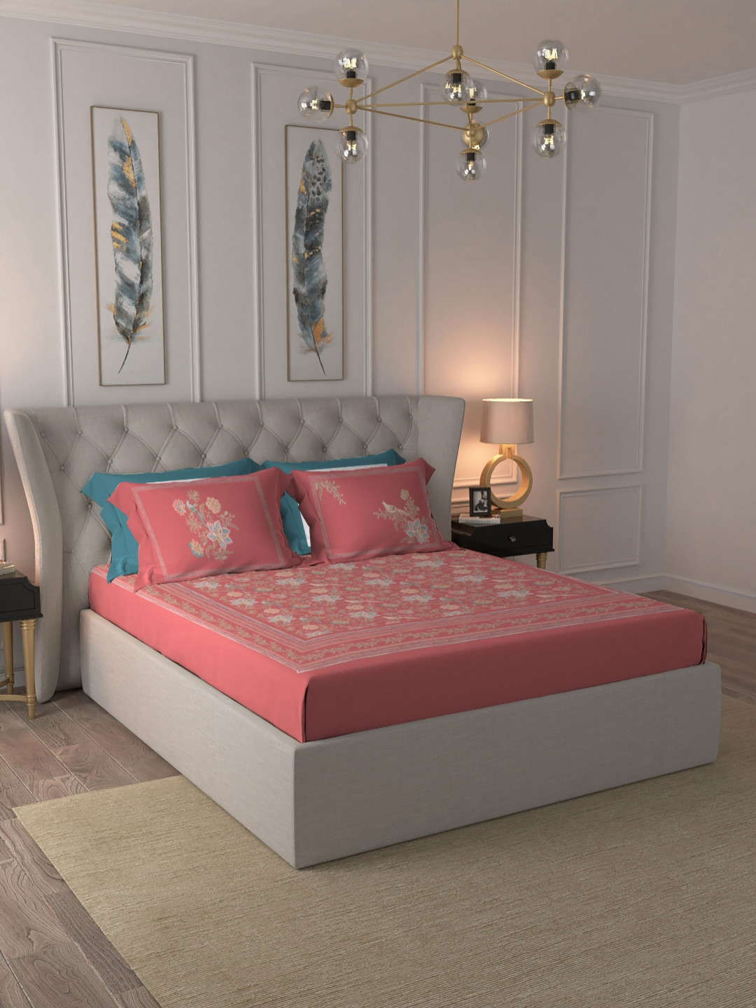 MYTRIDENT Indulgence Painterly Red Floral Pure Cotton 300 TC King Bedsheet with 4 Pillow Covers-108 x 108 inches