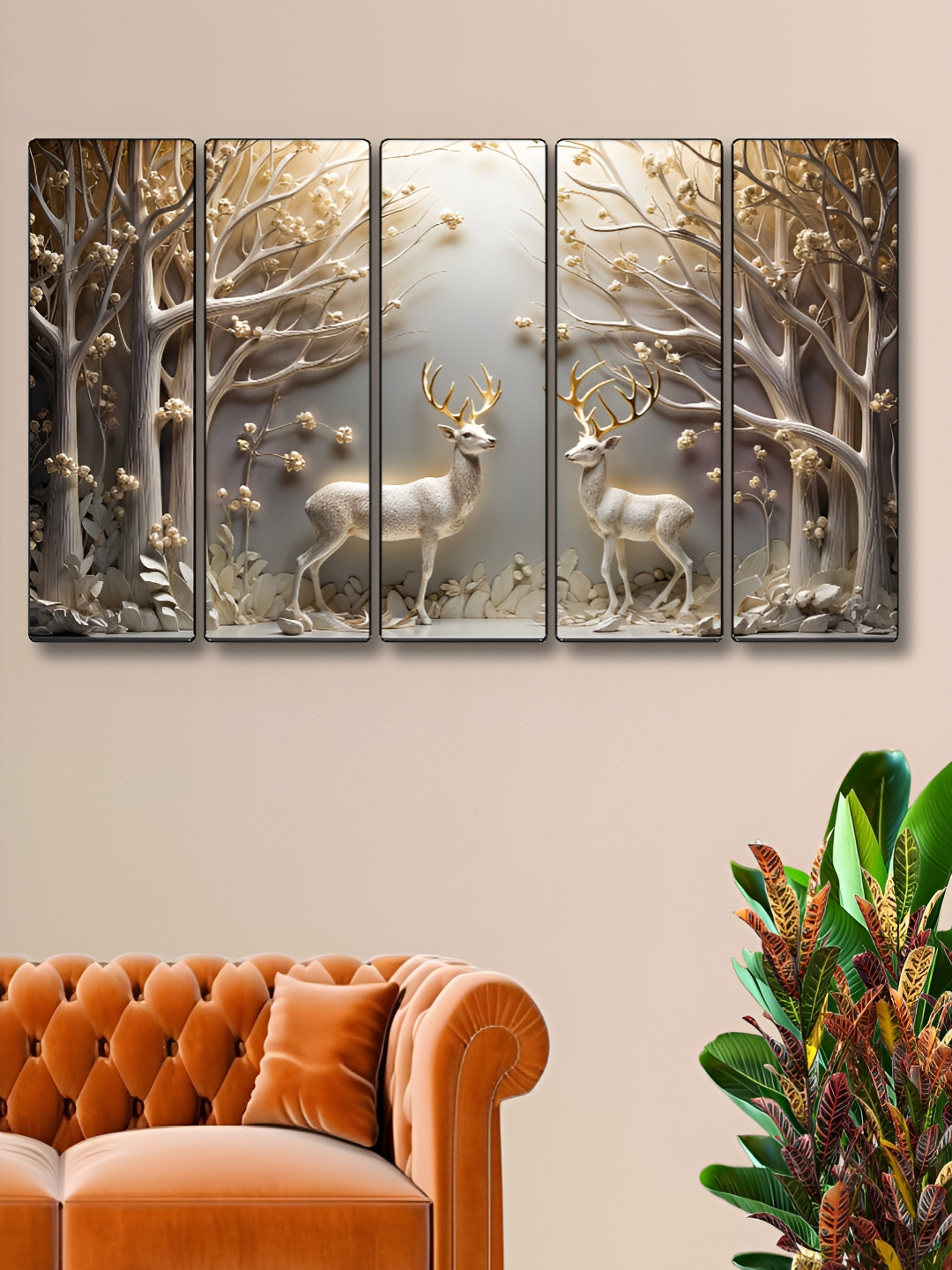 Aura Cream-Coloured & White 5 Pieces Wooden Deer Wall Paintings