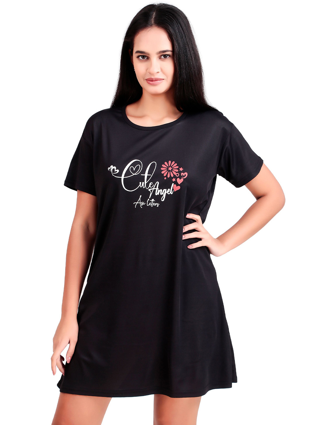 OVIDA Women Typography Printed Round Neck T-shirt Nightdress