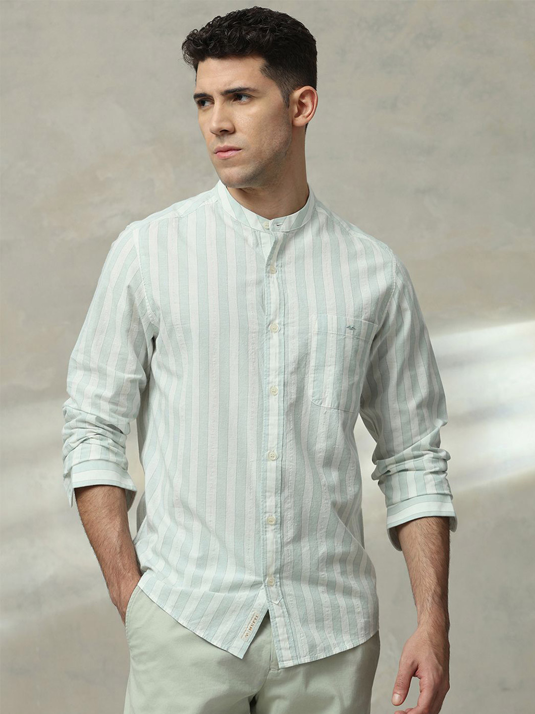 Mufti Men Vertical Striped Band Collar Casual Shirt