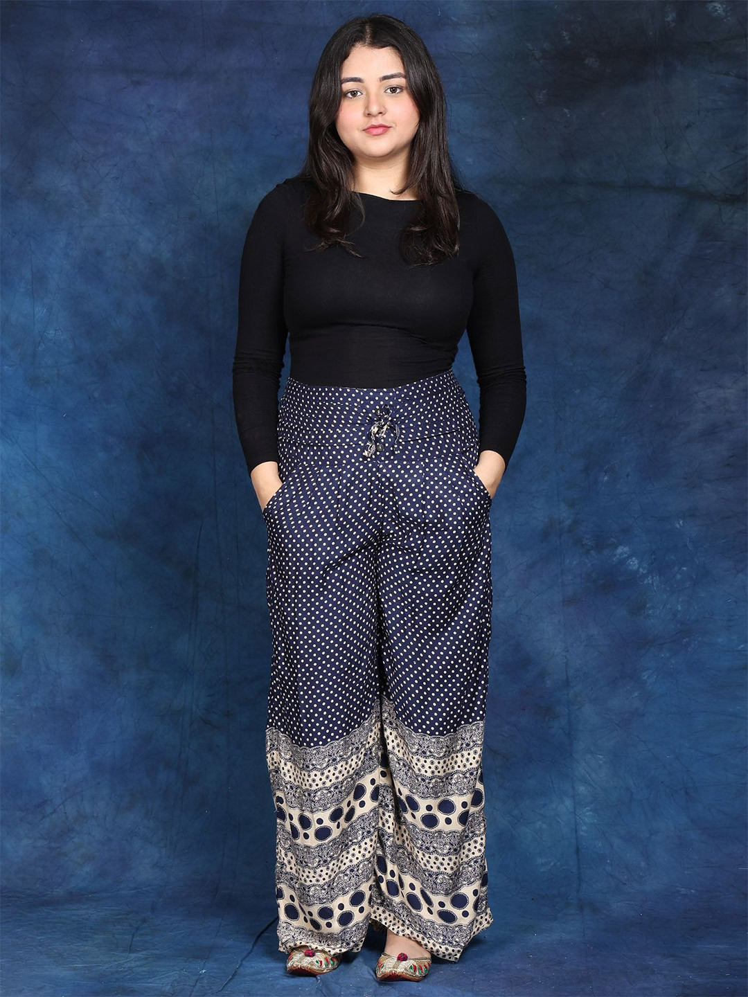 Exotic India Women Palazzo Pants with Printed Polka Dots and Side Pockets