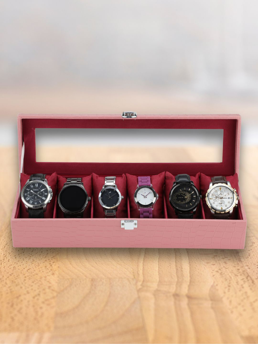 ZENWOOD Pink And Maroon 6 Slots Watch Organiser Box