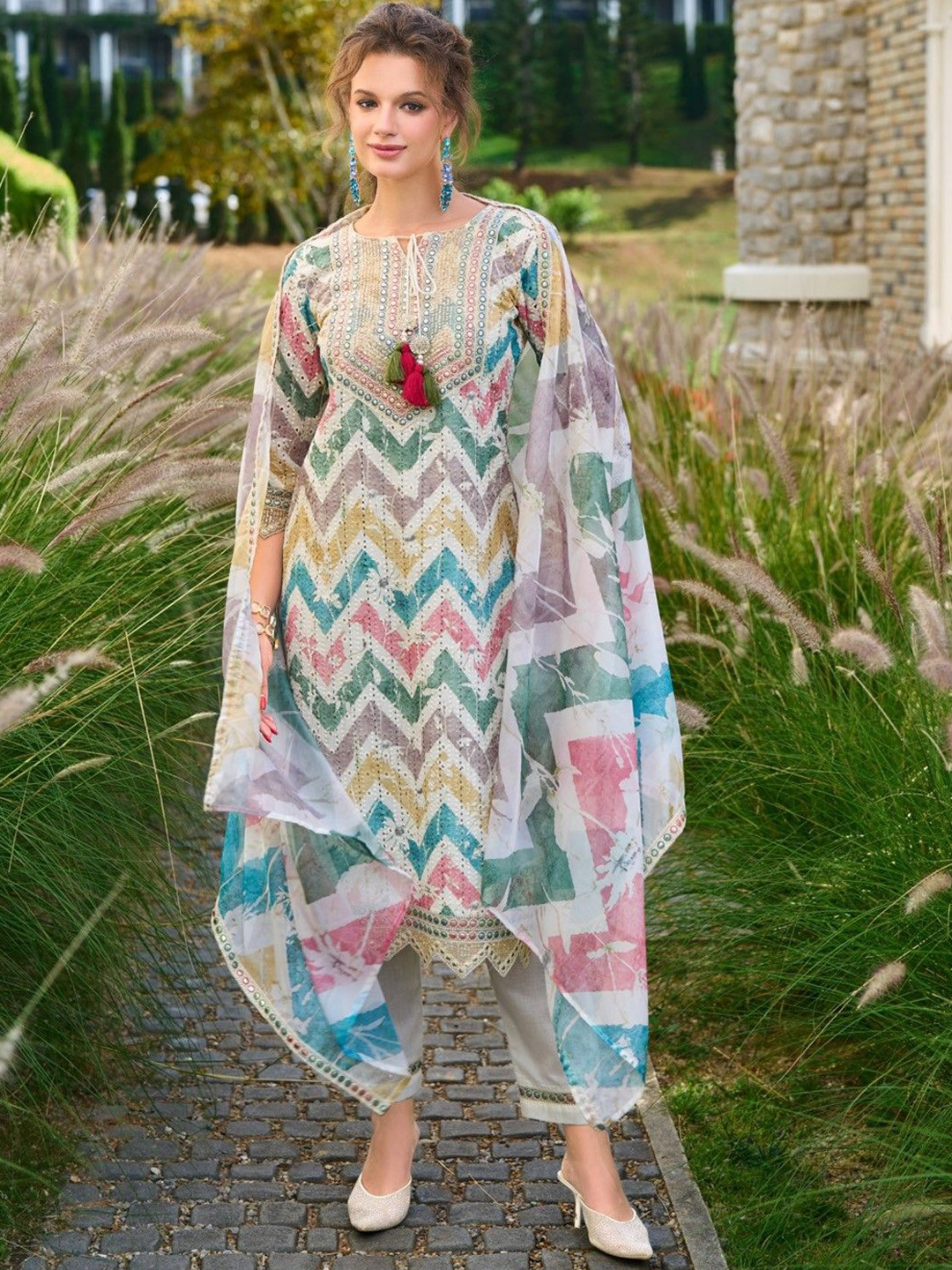 AUTUMN LANE Sargam vibe Schiffli Printed Mirror Work Pure Cotton Kurta & Palazzo & Dupatta