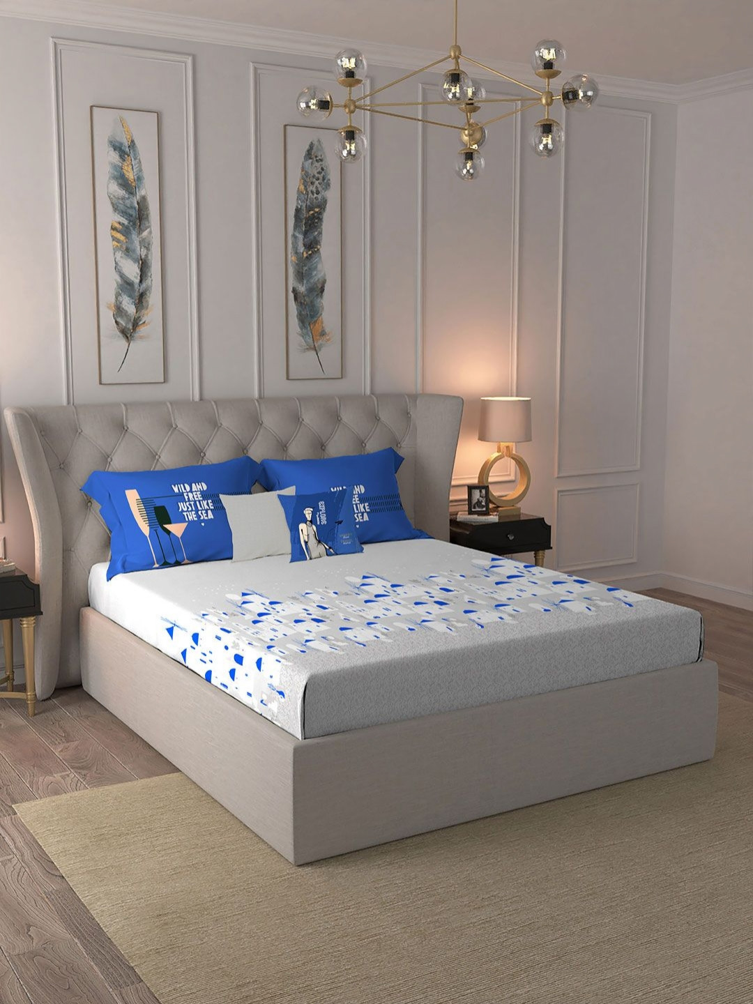 MYTRIDENT His &Amp; Her Grey Conversational Pure Cotton 144 TC King Bedsheet with 2 Pillow Covers-108 x 108 inches