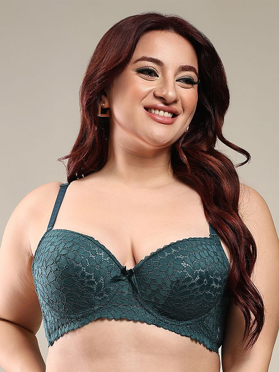 BRACHY Floral  Women Green Plus Size Floral Lace Net Padded Push-Up Embellished Bra