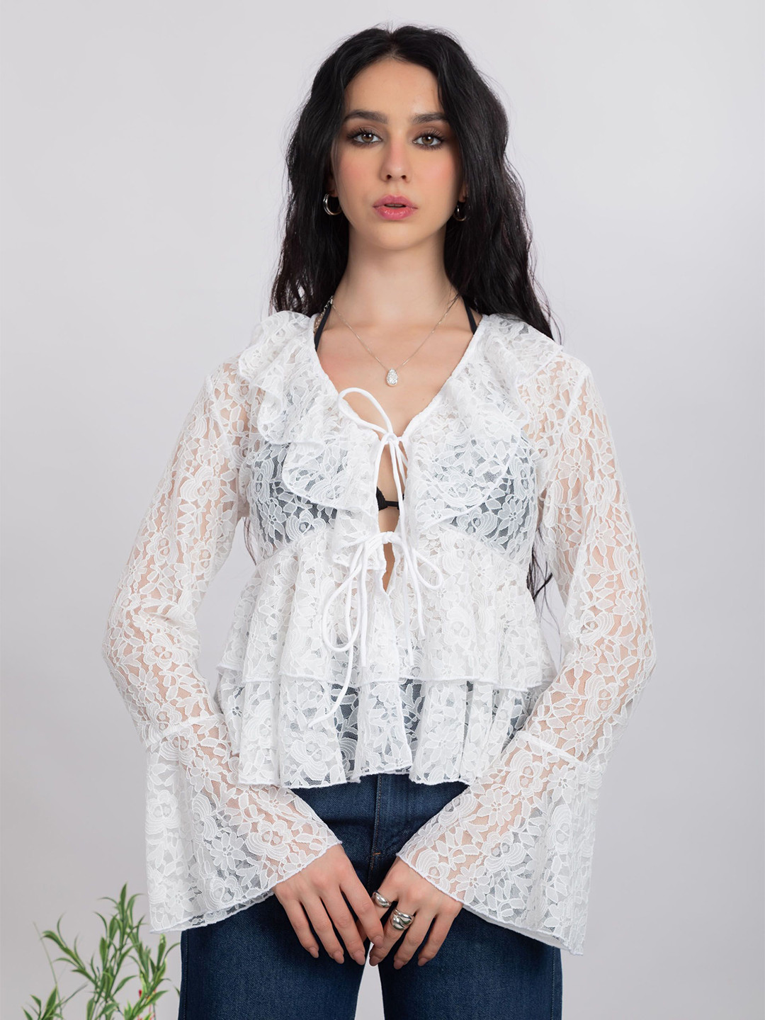 Lemonlords Women Ruffled Tie-Up Neck Bell Sleeve Crop Top