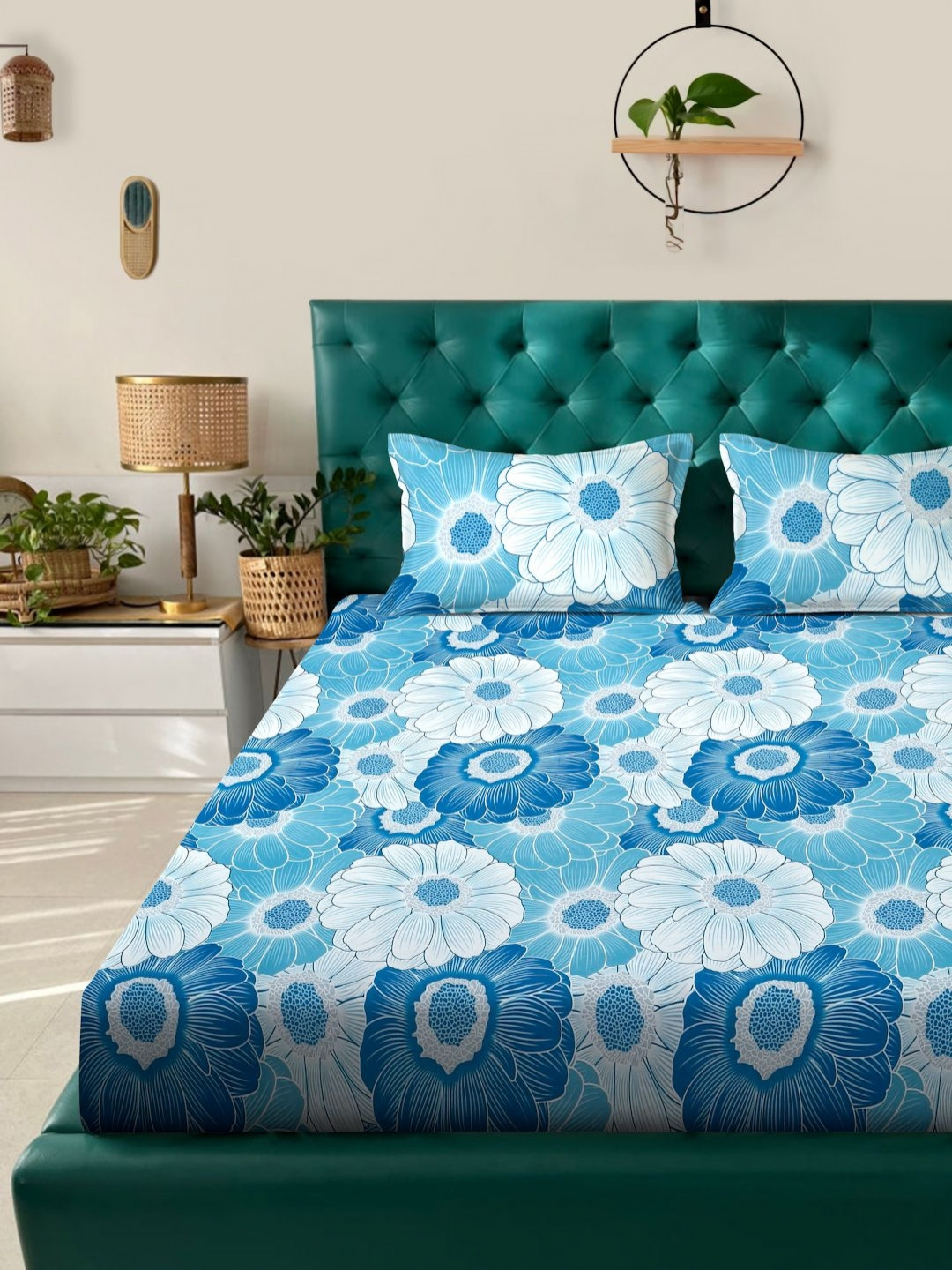 Arrabi Blue Floral Cotton 310 TC Fitted King Fine Bedsheet with 2 Pillow Covers-254 x 203 cm
